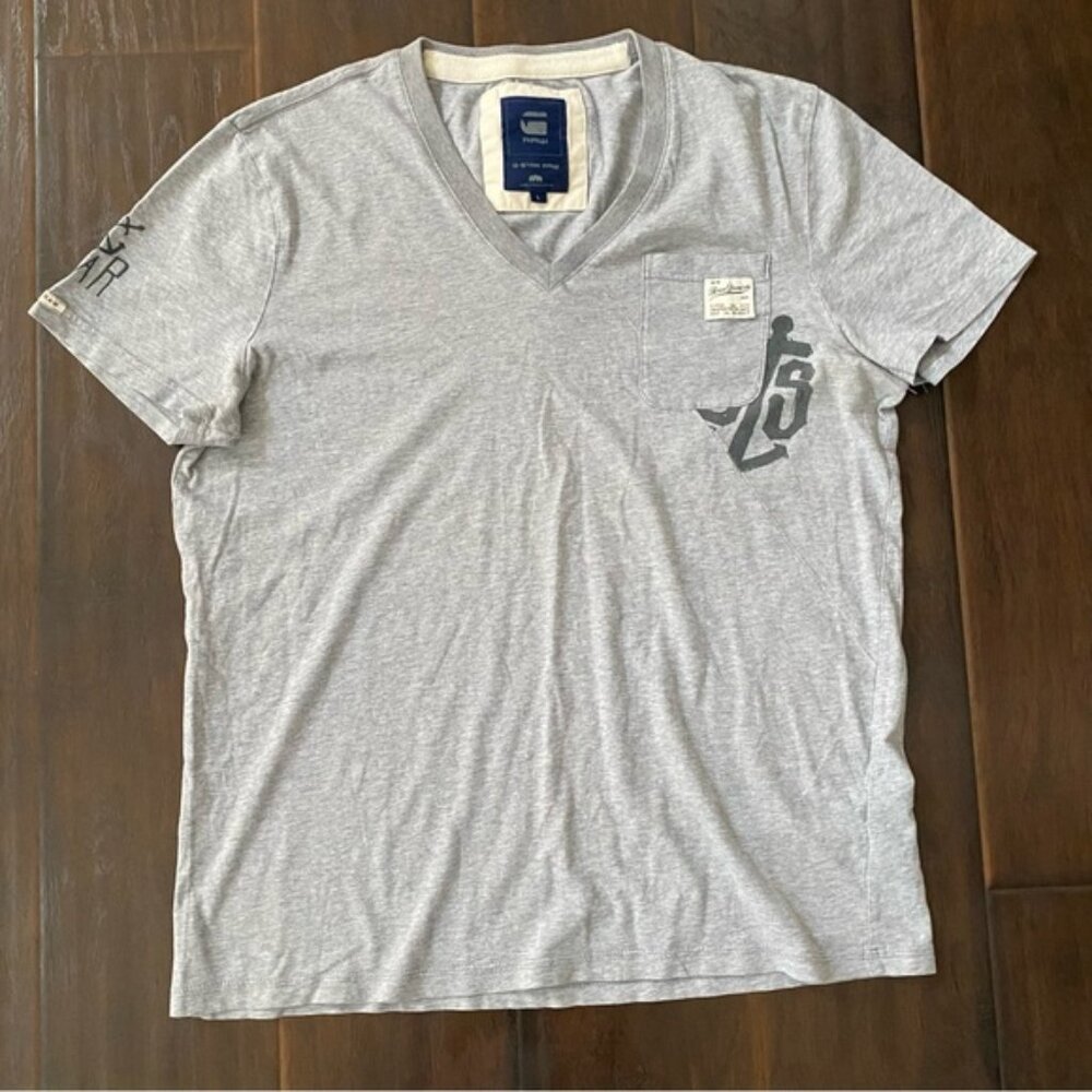 G-Star Raw Men's V-Neck Gray Shirt With Logo Size L